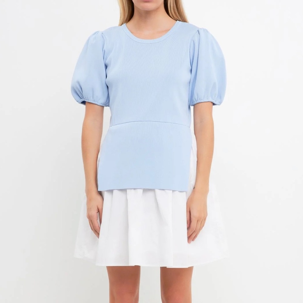 English Factory Mixed Media Knit Mini Dress Powder Blue Small NWT